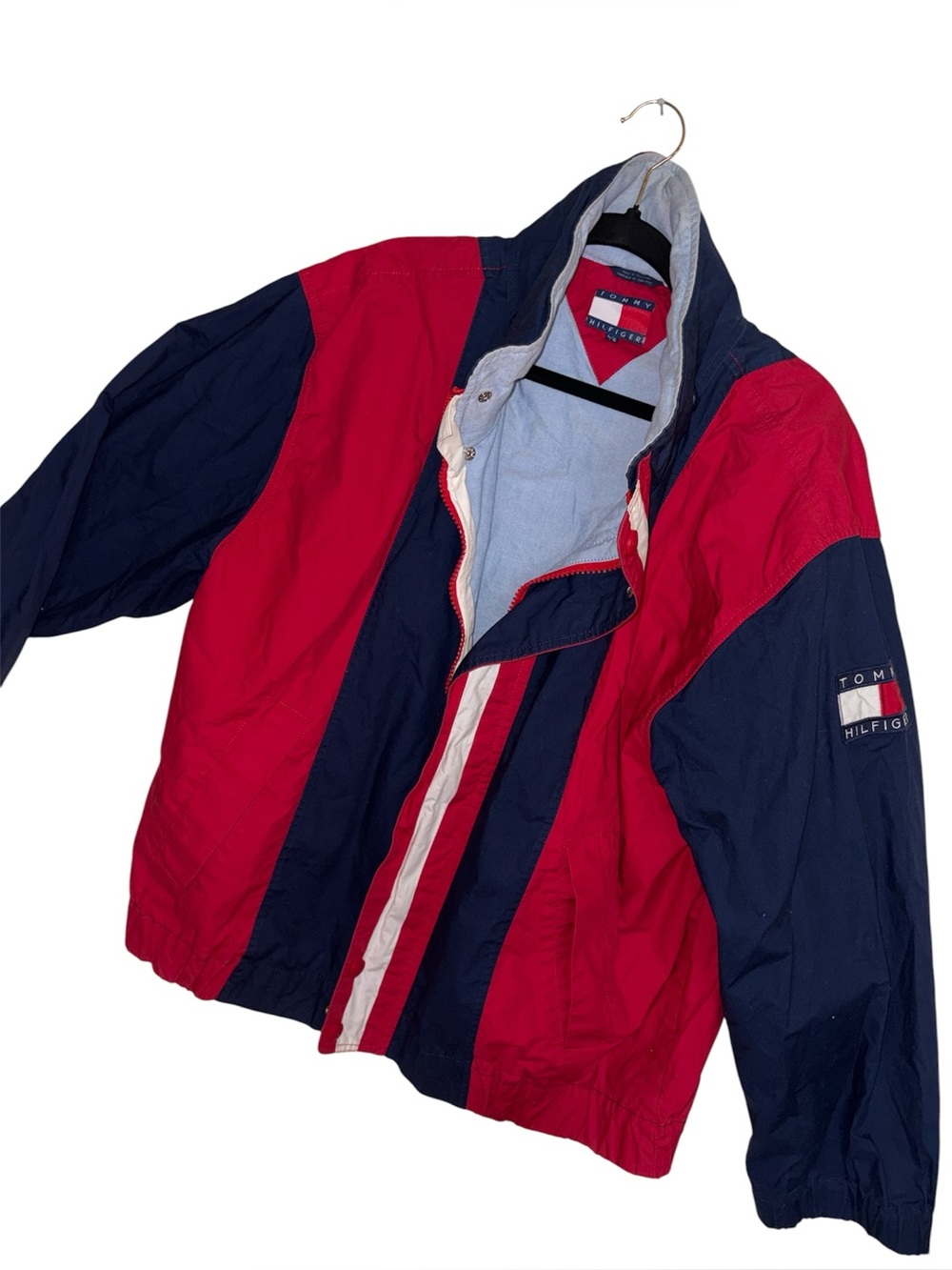 Vintage Tommy Hilfiger Men’s Red, Navy & White Colorblock Windbreaker large